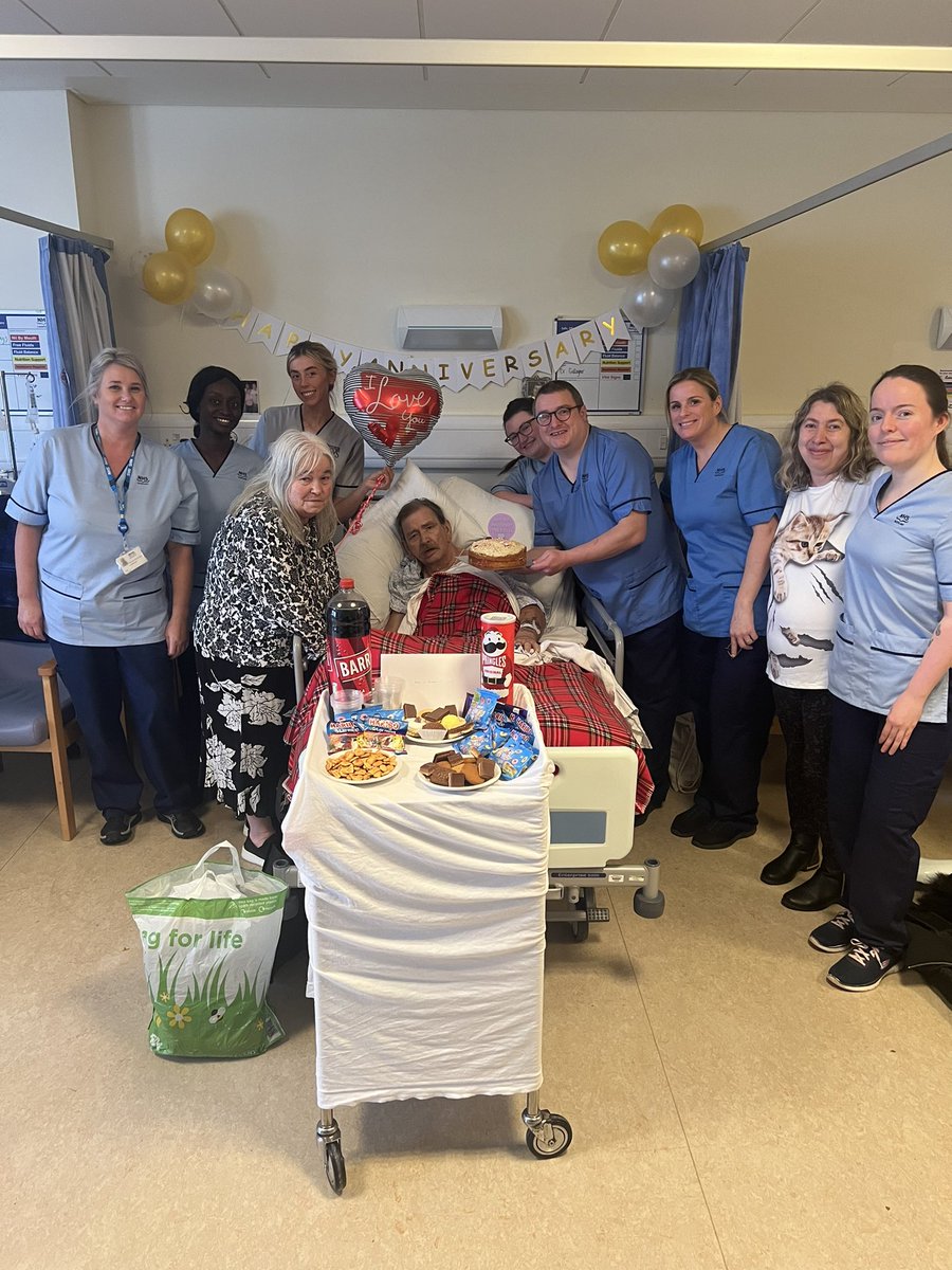 GillianT1987's tweet photo. Ward 12 created some special memories for Peter and his wife Ellen today to mark their 49th wedding anniversary. Sometimes the littlest touches have the biggest impact. Ellen was blown away by the effort from the staff. Photo consent obtained from patient and wife @jacqued73 https://t.co/4xvj1x4rCI