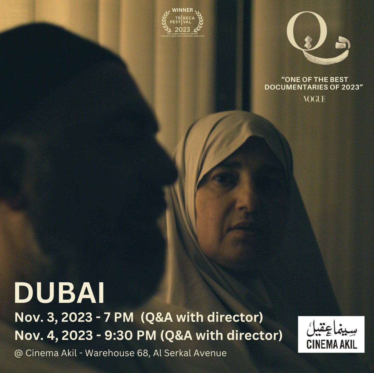 Q screens in Dubai Nov 3 + 4 at @CinemaAkil ! I’ll be there for a Q&A after. Looking forward to seeing you all!