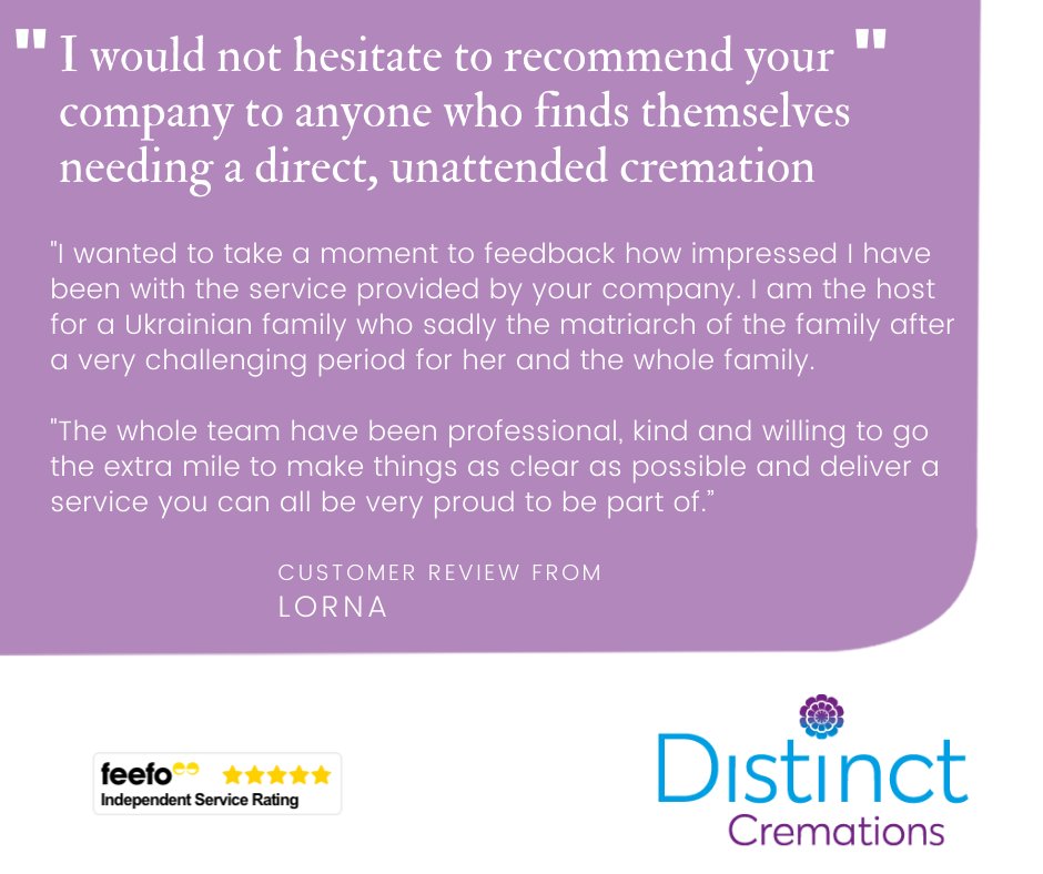 Thank you to Lorna for her lovely review last week You can view all our reviews here, managed by the independent customer service website Feefo: distinctcremations.co.uk/about-us/our-r…
