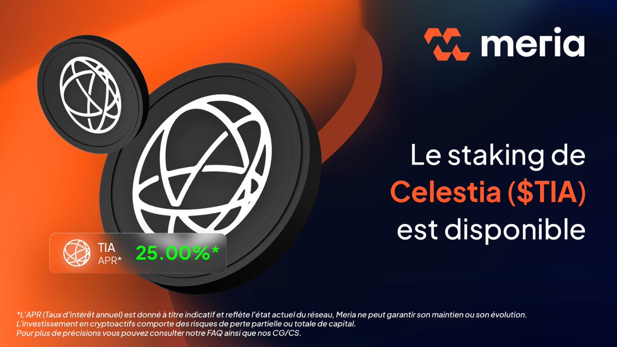 Meria_Finance's tweet photo. 🔥Le staking de @CelestiaOrg ($TIA) est disponible sur Meria !

🔸Dépôts, achats et échanges 
🔸APR* : 25%
🔸Délai d'unstaking : 21j

👉Tous nos produits de #staking ici : https://t.co/GkHlG26ezd https://t.co/GrvUb3Z7tc