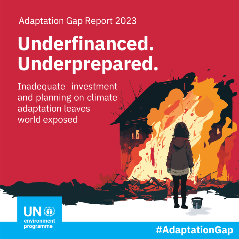 UNEP's tweet photo. UNEP's 2023 #AdaptationGap Report finds that progress on climate adaptation is slowing on all fronts, with the current finance gap estimated to be US$194-366 billion a year.

Discover what actions need to be taken to catch up to the rising #ClimateCrisis: https://t.co/H079Mo2vPd