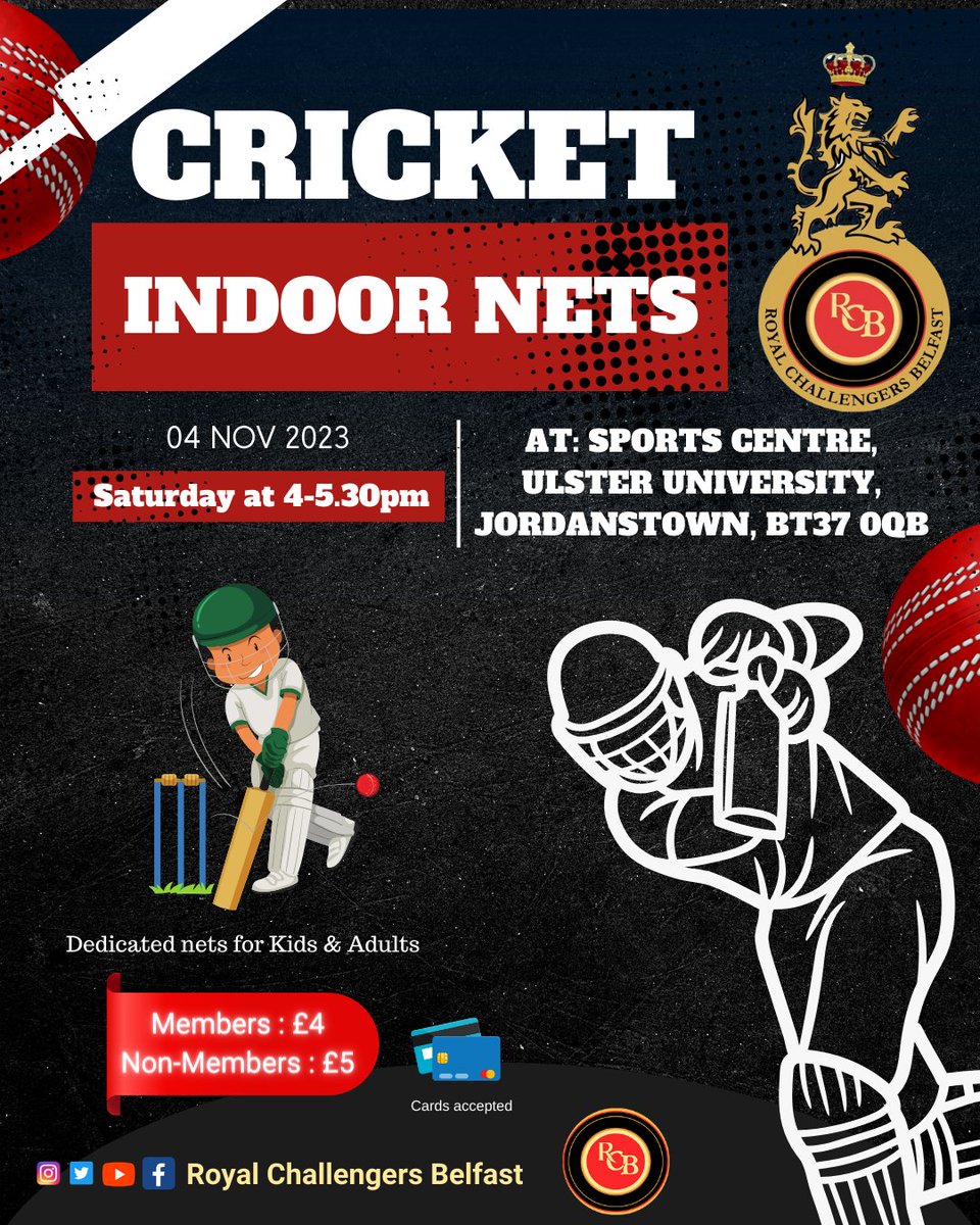 𝐑𝐂𝐁 𝐈𝐧𝐝𝐨𝐨𝐫 𝐂𝐫𝐢𝐜𝐤𝐞𝐭 🏏 𝐧𝐞𝐭𝐬 𝐬𝐭𝐚𝐫𝐭𝐬 𝐭𝐡𝐢𝐬 𝐒𝐚𝐭𝐮𝐫𝐝𝐚𝐲

▪️Separate nets for Kids and Adults

▪️RCB members ger discounted rates in all RCB activities. Anyone can become a member filling details in tinyurl.com/RCB-Membership

#royalchallengersbelfast