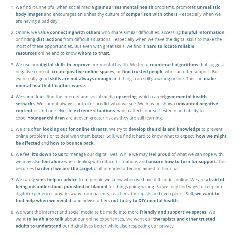 Research involving interviews in Norway and the UK with 62 youth aged 12 to 22 with experience of mental health difficulties by colleagues <a href="/Mariya_Stoilova/">Mariya Stoilova</a> <a href="/Livingstone_S/">Sonia Livingstone</a> <a href="/MediaLSE/">LSE Media & Communications</a> <a href="/ySKILLS_eu/">ySKILLS</a> leads to these eight important findings.... yskills.eu/mental-health-…