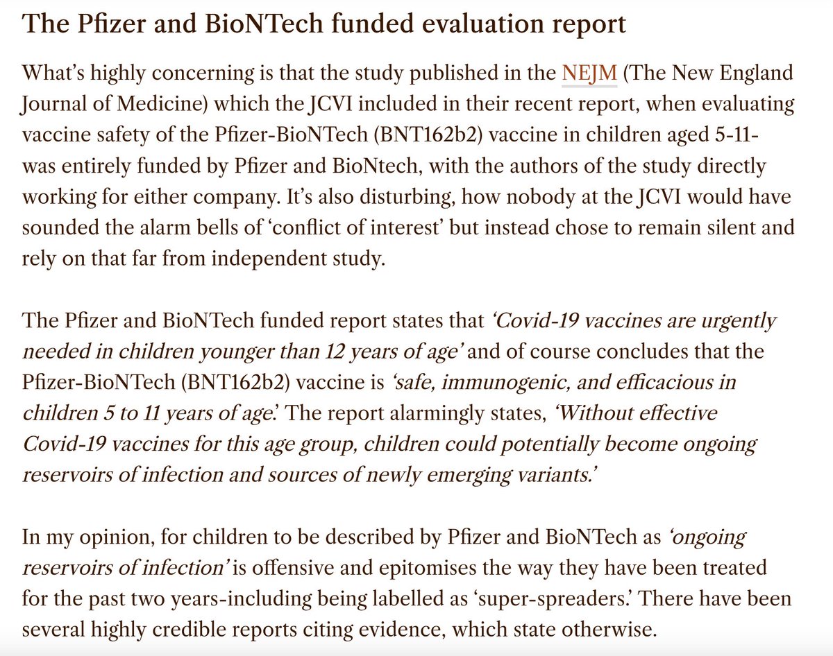 My piece back from Feb 2022 on how  UK's #JCVI based their 'non-urgent offer' of #Pfizervaccine for 5-11 year olds based entirely on #CDC's dodgy data (only tiny fraction released to public) and #Pfizer #BioNTech funded report. #conflictsofinterest 🚨 👇 #CovidInquiry…