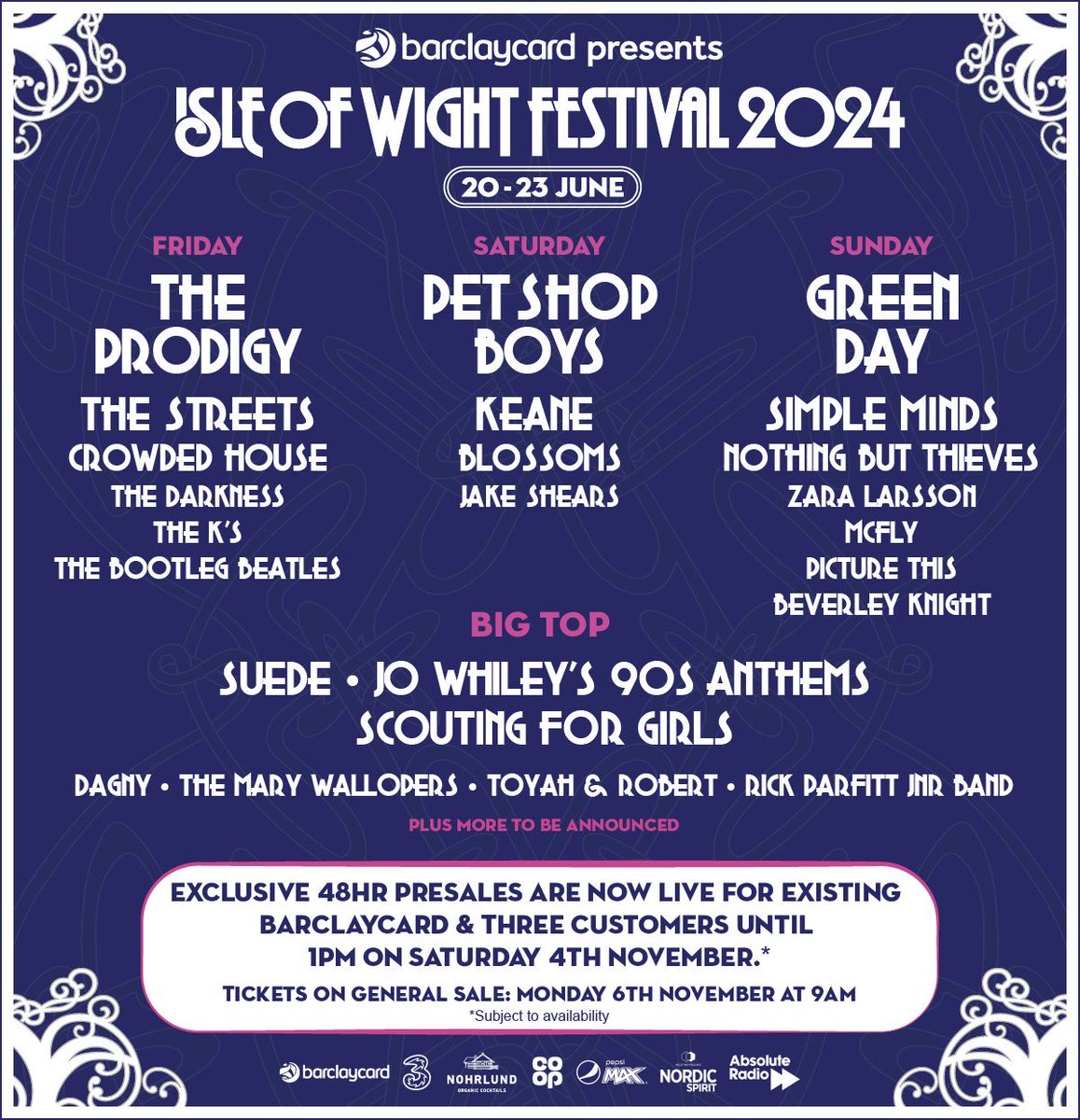 ISLE OF WIGHT 2024 
📌 THE PRODIGY

📌 PET SHOP BOYS

📌 GREEN DAY

#iow2024