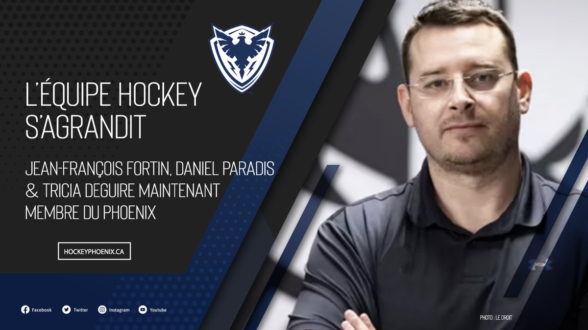 PhoenixSherbroo's tweet photo. Le personnel hockey accueille de nouveaux membres. Bienvenue à Jean-François Fortin et Daniel Paradis ainsi qu'à celle qui a fait son entrée au tout début de la saison, Tricia Deguire. 

Pour plus details : 
https://t.co/IPm3Li5r5L https://t.co/ehzfzPsCrq