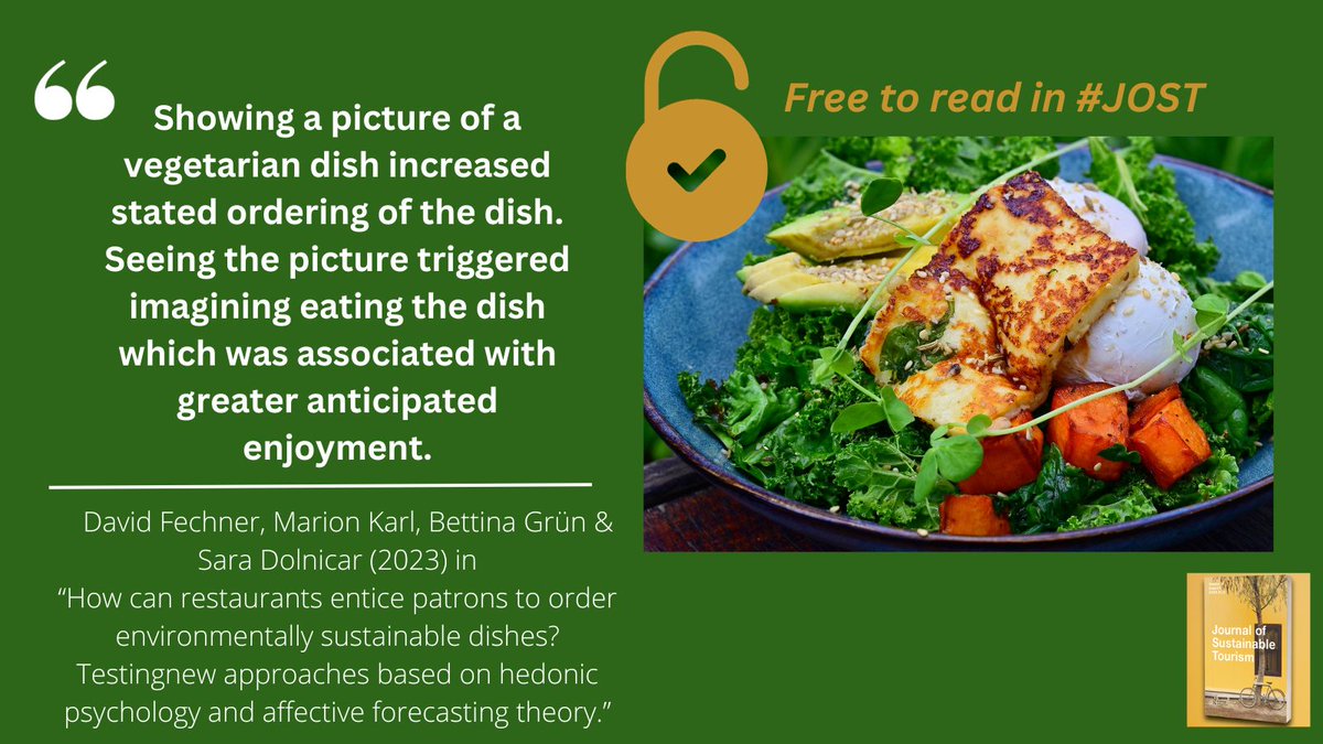 JSustTour's tweet photo. 🆕#OpenACCESS in #JOST

"How can restaurants  entice patrons to order environmentally sustainable dishes? Testing new  approaches based on hedonic psychology and affective forecasting theory."  By @DavidFechner2
@MarionKarl5 @SaraDolnicar 

🔗to article and video abstract below https://t.co/Tg4oMX9cR1