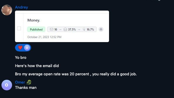 Newsletter owners! Listen up!

I grew my client's openrate from 16.7% to 37.5% with 1 email 

Want the same results? DM me 'Openrate'