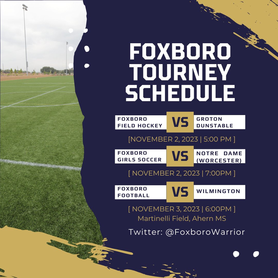Support our tourney teams over the next couple of days. Here is the schedule! <a href="/FoxboroWarrior/">Foxborough Warriors AD</a> <a href="/FoxboroReporter/">Foxboro Reporter</a> <a href="/FoxboroughPS/">FoxboroughPS</a> <a href="/FCATV/">Foxboro Cable Access</a> <a href="/SCFoxboro/">Sun Chron Foxboro</a> <a href="/FoxboroRecreati/">Foxboro Recreation</a> <a href="/FoxboroughHS/">James Donovan</a> <a href="/TheSunChronicle/">The Sun Chronicle</a> <a href="/TheTylerHetu/">Tyler Hetu</a> <a href="/HockomockSports/">HockomockSports</a> <a href="/GlobeSchools/">Boston Globe Schools</a> <a href="/BostonHeraldHS/">Danny Ventura</a> <a href="/R_Lanigan/">Ryan Lanigan</a>