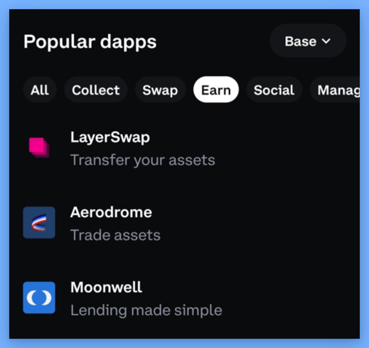 🌙 <a href="/MoonwellDeFi/">Moonwell</a> has secured the 3rd place among popular "Earn" dapps on @BuildOnBase!

Check it out for yourself... using the <a href="/coinbase/">Coinbase 🛡️</a> app, navigate to the Web3 tab and click on "Earn".