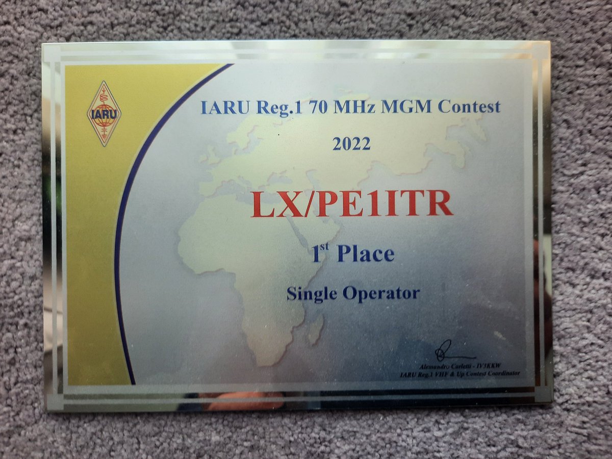 pe1itr's tweet photo. Yesterday received this nice Trophy. 1e place in the IARU 70 MHz MGM contest 2022. Thanks @IARU_R1 https://t.co/LQ0qtJoXyT