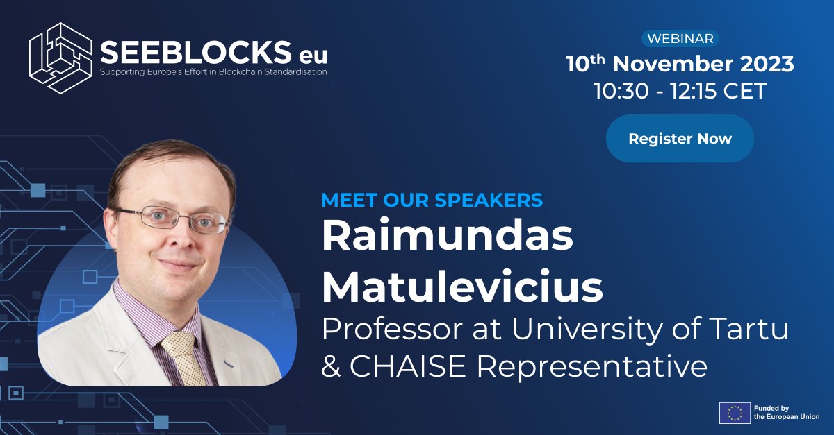 SEEBLOCKS_eu's tweet photo. 🌟 Learn from the best! Meet our webinar speakers! 👥 Today we present @Raimund94528682 Matulevicius, Professor of Information Security at @unitartu & @CHAISE_EU Representative
👥 Join us on November 10th, 2023, for a knowledge-packed #blockchainwebinar
Register now! ⤵
https://t.co/jOHo1gEqhP
🔗 Blockchain Education & Standardisation: Navigating (beyond) the European Landscape
🗓 Friday, November 10, 2023
🕥 10:30-12:15 CET
#blockchain #dlt #EUstandards #standardisation #europeanblockchain