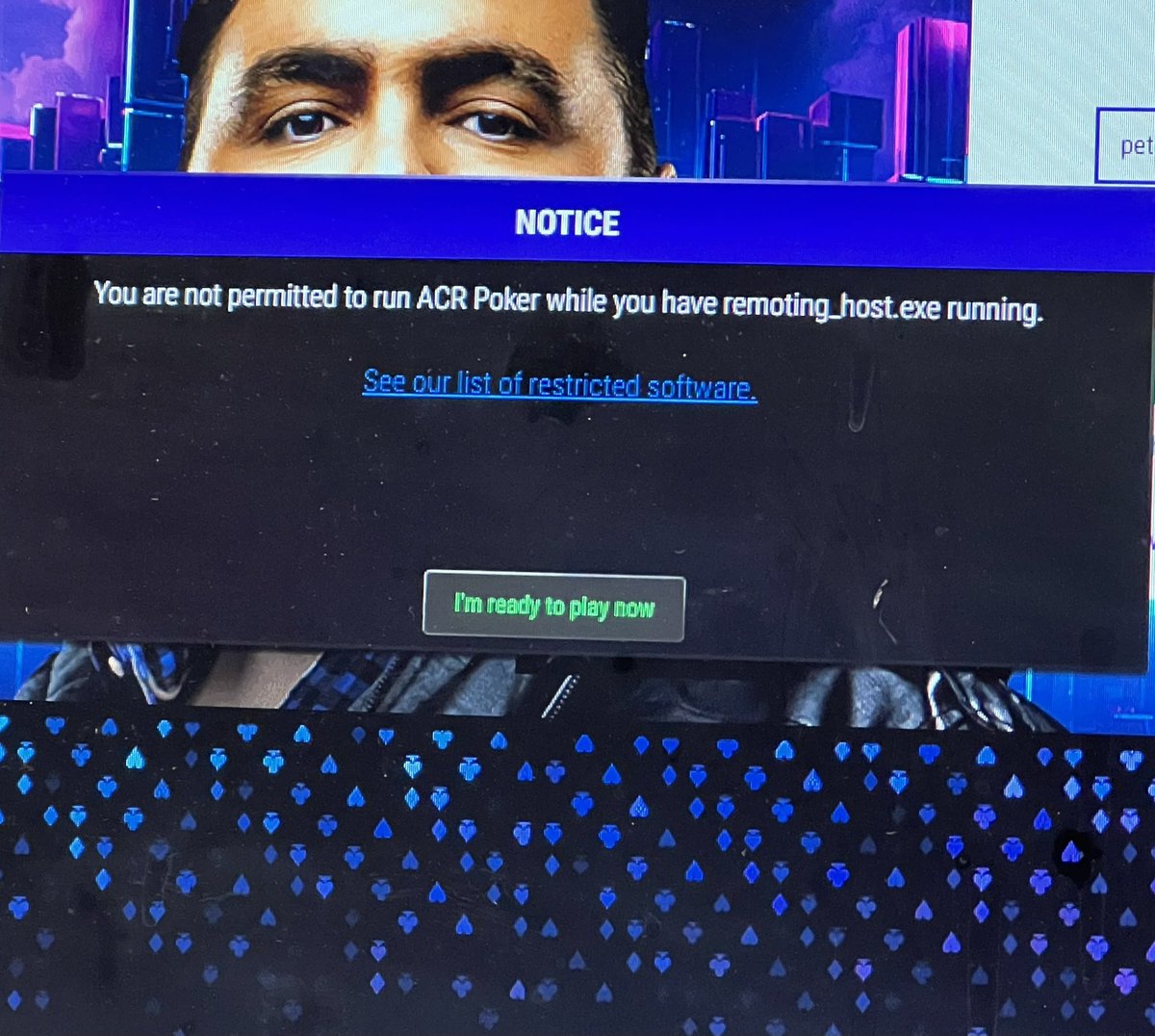 thepole88's tweet photo. @ACR_POKER i deleted team viewer and chrome remote desktop from my computer.. (which I used for work). Still can't login to my account... Funny how i was able to deposit this am tho.. https://t.co/fK1ep3Rcqu
