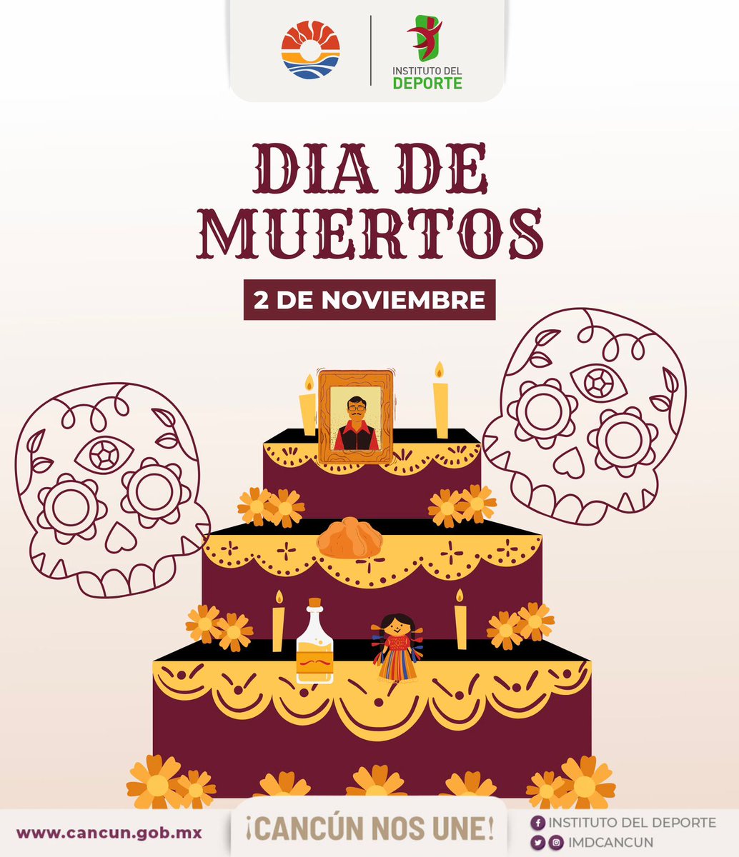 Celebramos nuestras tradiciones 🕯️ y disfrutemos  una de las fiestas más emblemáticas de México.

Honremos a nuestros fieles difuntos 💀 y esperémoslos con cariño en cada hogar.
. 

#CancúnNosUne ¡Sí al Deporte!

<a href="/anapatyp/">Ana Patricia Peralta</a> 
<a href="/AlexLunaLopez/">Alejandro Luna Lopez</a>