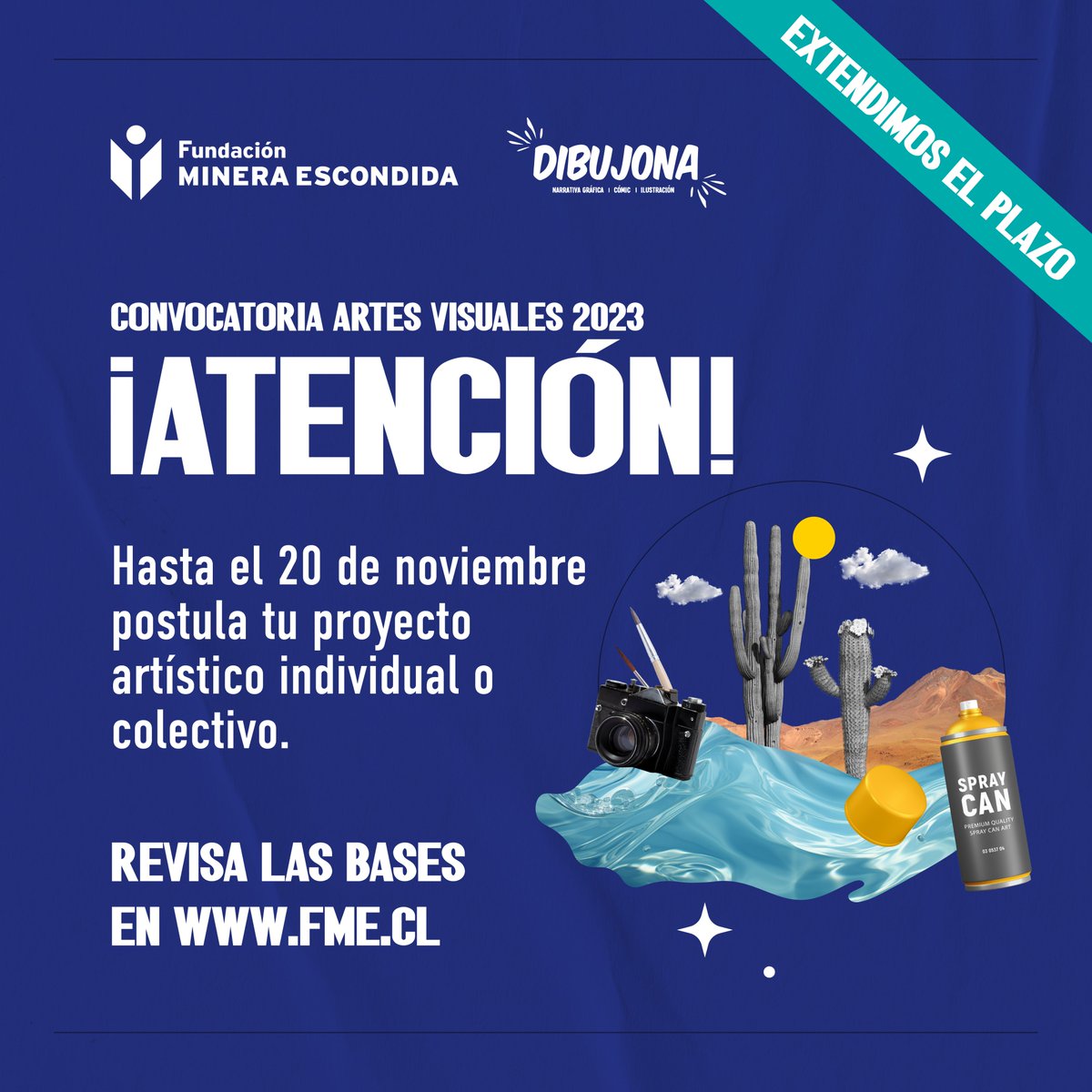 ¡Atención artistas de la región!
Extendimos el plazo para postular a la Convocatoria de Artes Visuales 2023 hasta el 20 de noviembre, iniciativa presentada por <a href="/fmescondida/">FME</a> y <a href="/Dibujona/">DIBUJONA</a>. 
Recuerda que puedes inscribir proyectos individuales y colectivos. 
fme.cl