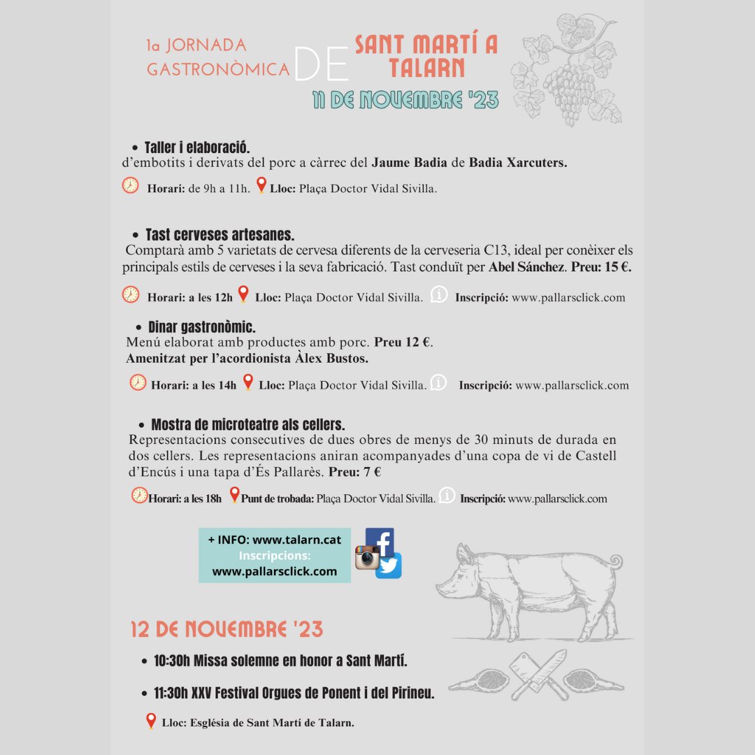 Ja falta poc, estem contant els dies !!!!
El 11 de novembre t'esperem a Talarn  🐖🍺 a la 1º Jornada Gastronòmica de Sant Martí a Talarn.

Activitats gastronòmiques, taller i elaboració d'embotits, tast de cervesa artesana, dinar gastronòmic, mostra de microteatres als cellers.