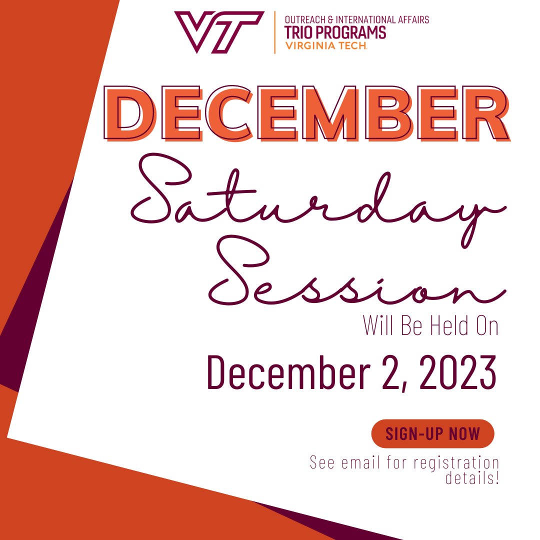 VTtrioprograms's tweet image. Registration is out for the next in-person session at Virginia Tech on December 2nd! Sign up before the 11/15 deadline!

#trioworks #talentsearch #upwardbound