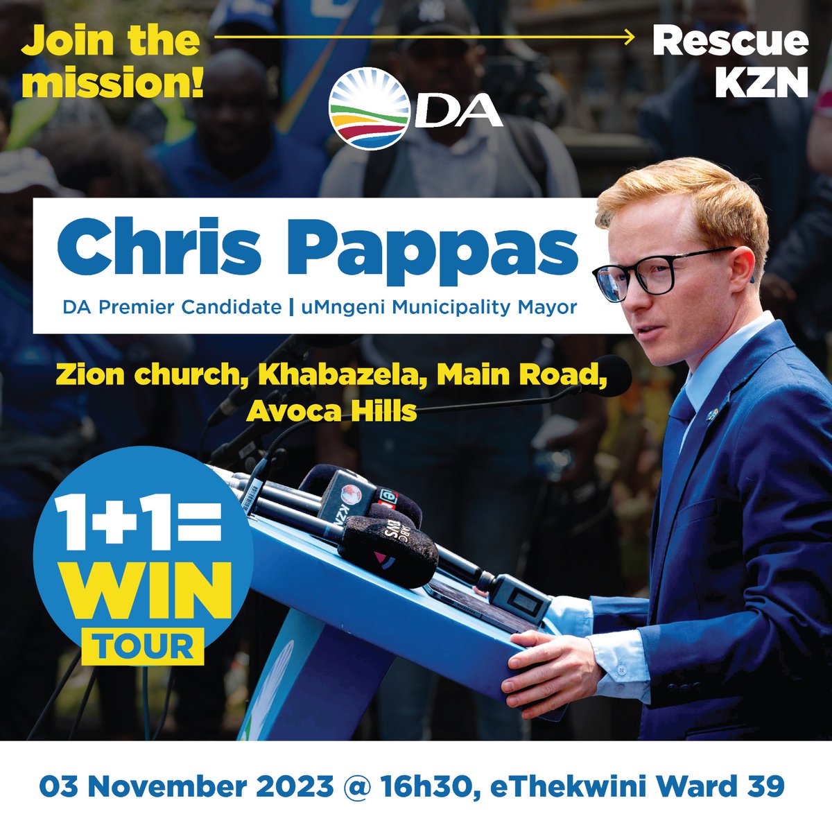 DA_KZN's tweet image. 📌The DA KwaZulu-Natal Premier Candidate is coming to Avoca Hills!

We want to hear your concerns from you.

Join the mission to rescue KZN!

#1plus1 #PappasForPremier #RescueKZN
