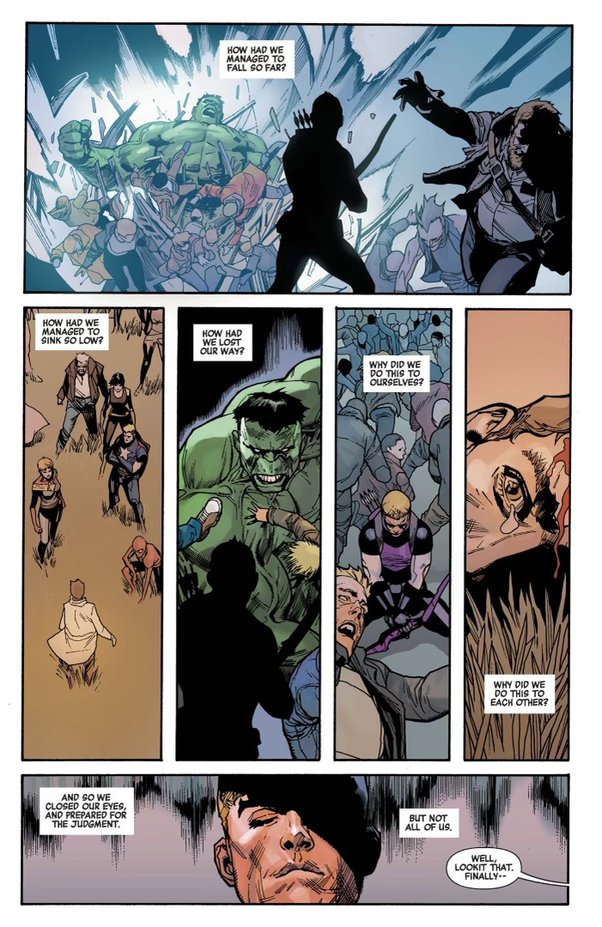 AttackOnLariat's tweet photo. This pane epitomizes why Clint Barton is my favorite comic book character. Secret Empire was divisive, I know, but it had some genuinely incredible moments.

Clint never forgiving himself for honoring Bruce Banner's wish coming full circle? Top of them.

#marvel #hawkeye #hulk https://t.co/2zYFVqZpBE
