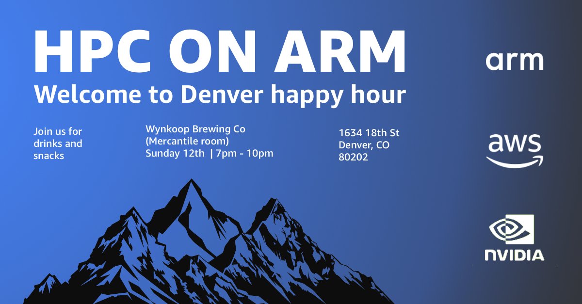 Along with our friends at @Arm and @NVIDIA we'd like to welcome everyone to @Supercomputing in Denver on Sunday Nov 12 with a few drinks and some snacks. 7-10pm at the Wynkoop Brewing Co (right near Union Station). #HPC #AARCH64 #SC23