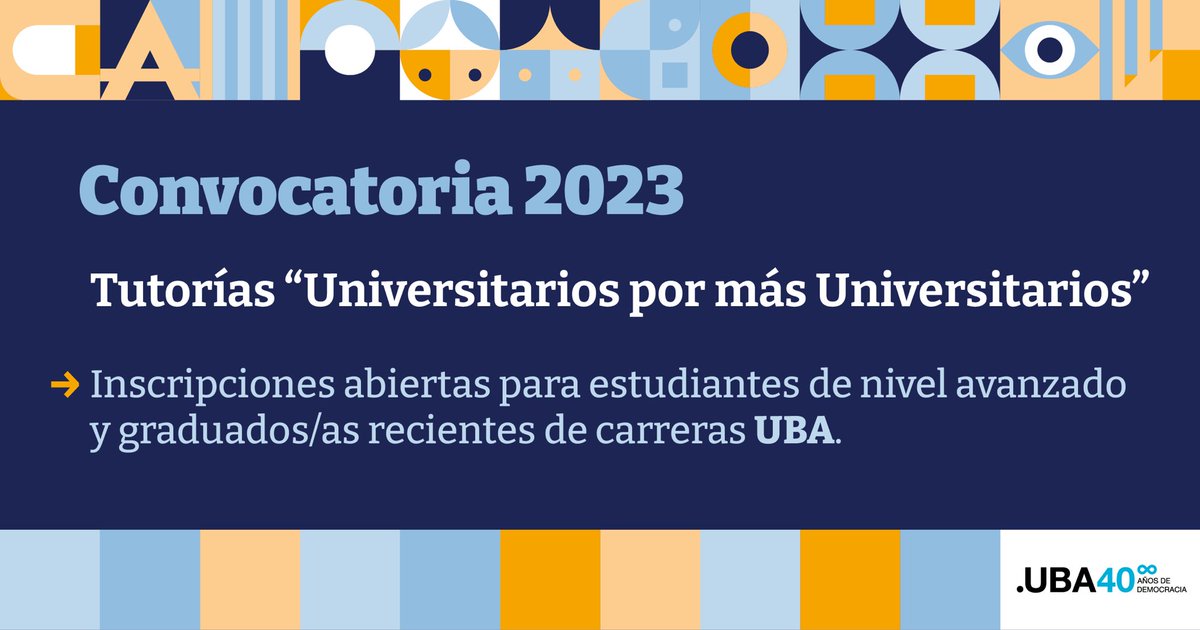 📌 Convocatoria 2023

--> para estudiantes avanzados/as y graduados/as recientes de carreras UBA, que quieran asistir a estudiantes del último año de secundaria de instituciones públicas del sur de CABA.

Encontrá los requisitos para participar en: tutoriasuxuuba.wixsite.com/tutorias/copia…