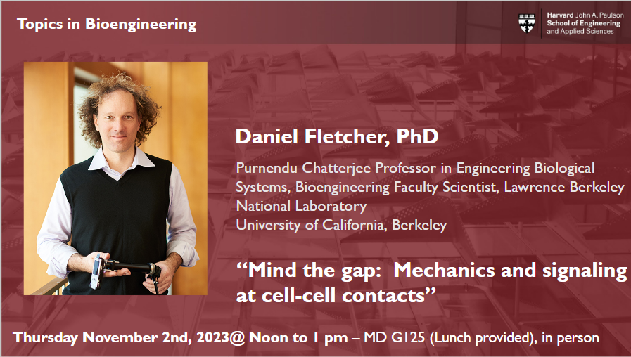 Extra seminar treat this week from Professor Daniel Fletcher on 'Mind the gap: Mechanics and signaling at cell-cell contacts!' I am pretty excited about this talk. @hseas #TopicsBioEng