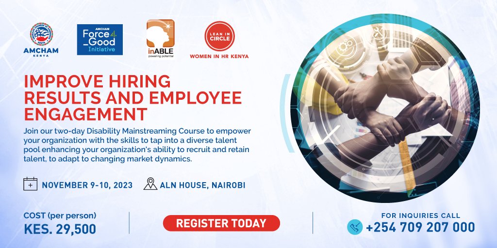 inABLEorg's tweet image. Empower your organization to thrive in today's diverse marketplace. Join our #DisabilityMainstreaming course in partnership with @AmChamKe to learn how to create an #InclusiveWorkforce boosting innovation &amp;amp; creativity. Enroll now: bit.ly/46NBHLo! #Diversity @IreneKirika2