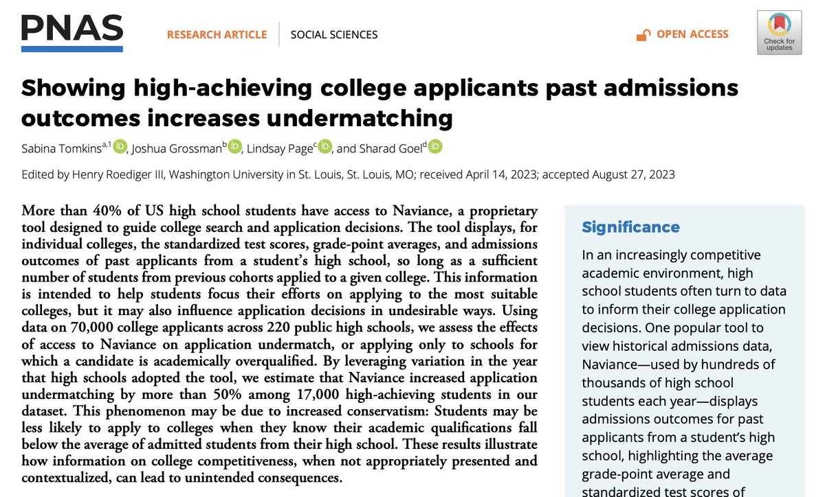 Naviance is widely used by high school students to help them decide where to apply to college. In our new PNAS paper, @soy_beana, @joshdgrossman, @linzcpage and I show it can inadvertently dissuade qualified students from applying to selective colleges. pnas.org/doi/10.1073/pn…