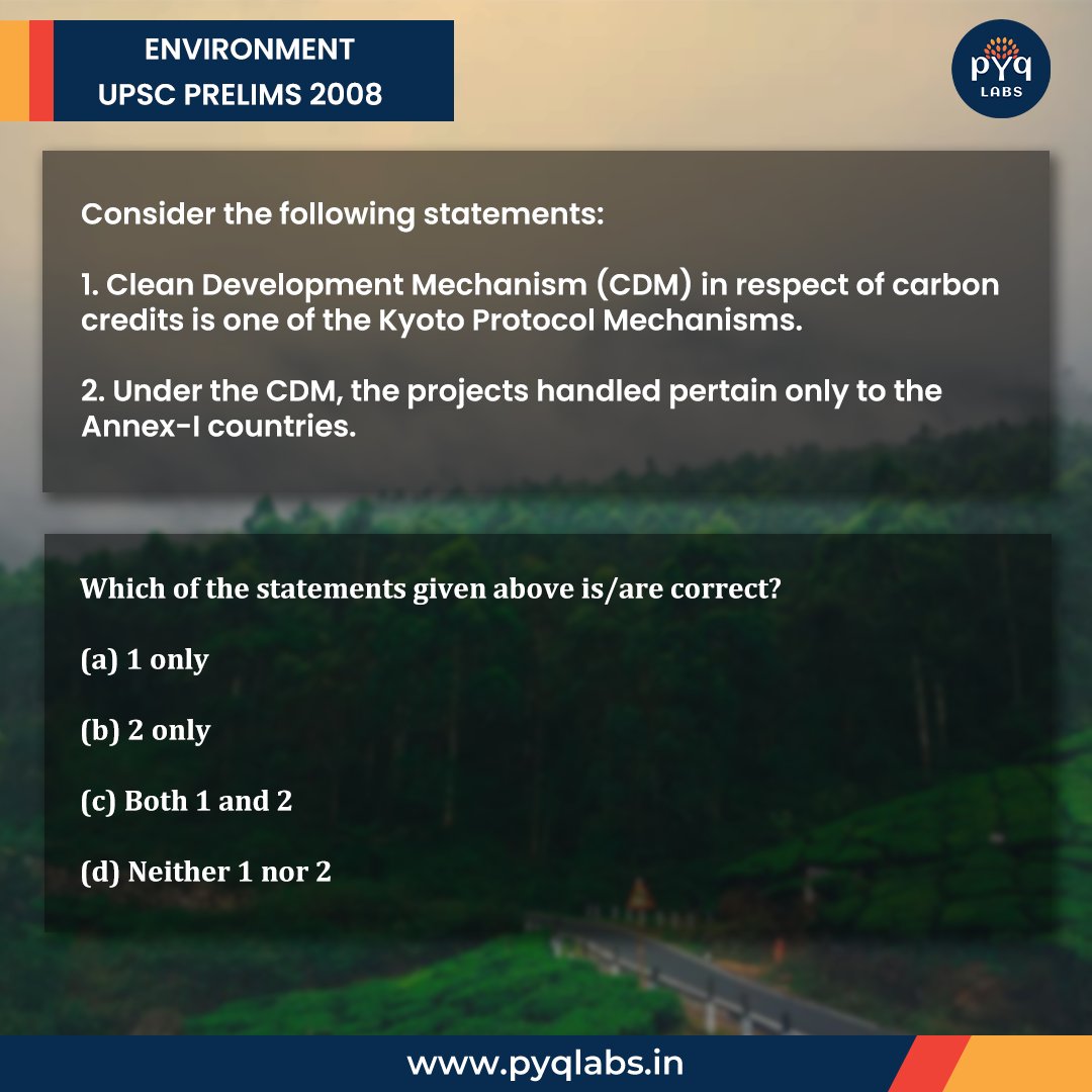 pyqlabs's tweet image. Comment your answer 👇

Correct answer will be pinned.
#pyqlabs #iasdream #upscquestions #previousyearquestionpapers #UPSC #currentaffairs #QuizOfTheDay #answer #iqtest #iq999 #upscmotivation #UPSCPrelims2024 #IAS #environment  #CDM  #kyoto