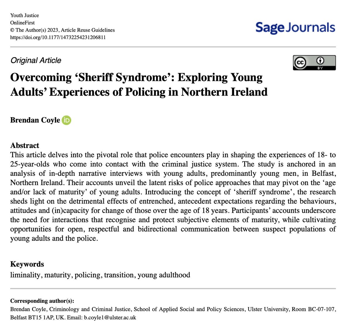 🚨🆕 Delighted to share my new article exploring maturity, young adulthood and experiences of policing in NI 🔓✅ #OpenAccess ✅🔓 in Youth Justice: An International Journal. 🔗 tinyurl.com/2w2n2xej