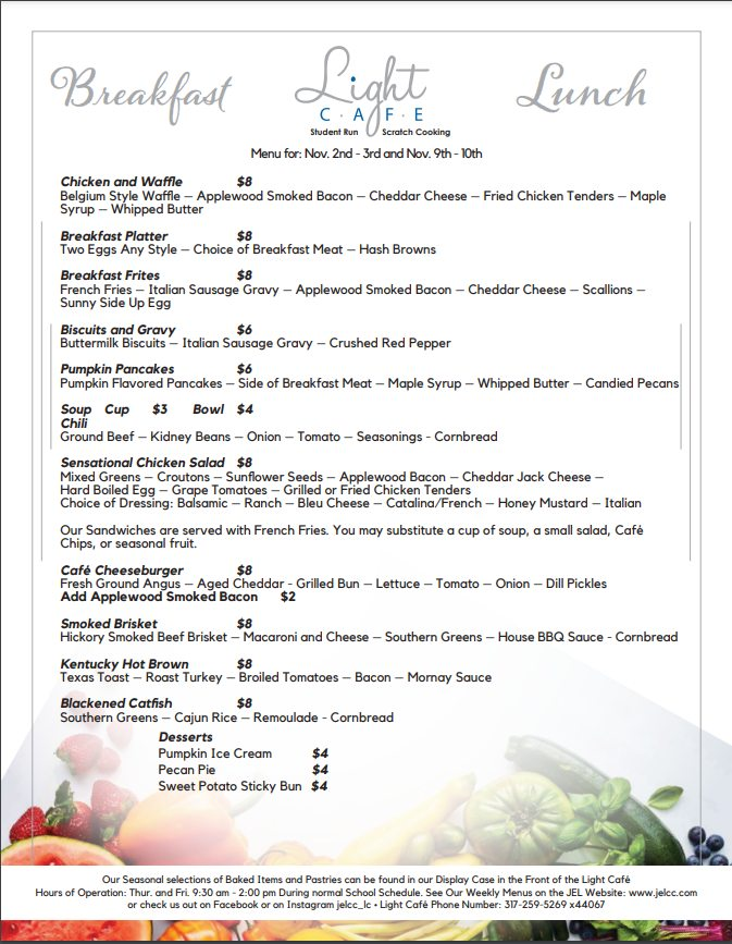 JELCC's tweet photo. Not sure what to have for lunch? Worry no more. The Light Café is open and there is a new menu this week! Come visit us, we are open from 9:30am-2:00pm, Thursdays &amp; Fridays. https://t.co/tV2dgrWaW0