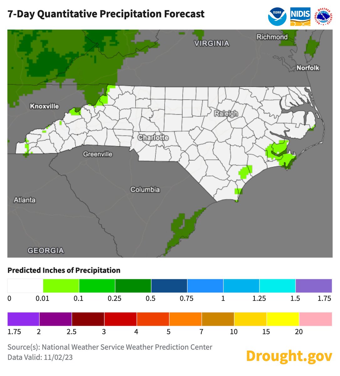 Spotlight on NC, where just like neighboring TN, flash drought alarms are going off. On Oct 3, only 1.6% was in #drought, w/ no Severe Drought (D2). Now, 50.6% of NC is in drought w/ 10.4% in D2. Almost no precip is expected in the next week. drought.gov/states/north-c… @NOAA