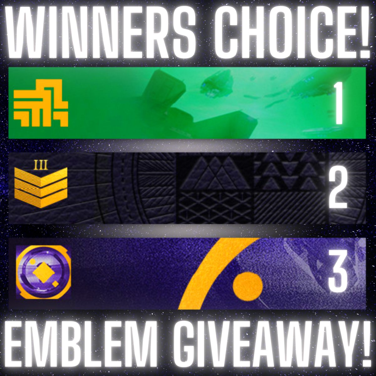 LUCKYY10P's tweet image. 🌟 Feeling lucky? Follow @LUCKYY10P, retweet this post for a shot at winning an exclusive Destiny 2 emblem! 🎮✨ Plus, vote for your favorite emblem in the comments below. May the odds be in your favor, Guardians!

#Destiny2 #D2 #Bungie #EmblemGiveaway