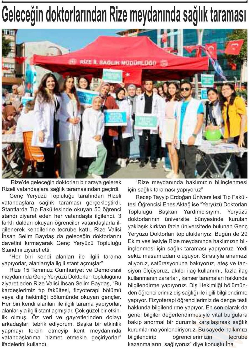 gencyyd's tweet photo. |Basında Genç YYD|

@Rizegyyd topluluğumuz Rize Meydanı’nda 50 gönüllü öğrencinin katılımı ile sağlık taraması gerçekleştirerek 300’den fazla kişiye ulaştı. @ihacomtr 

Haber linki👇
https://t.co/3LQOuHxuT7 https://t.co/EJmew9bOTI