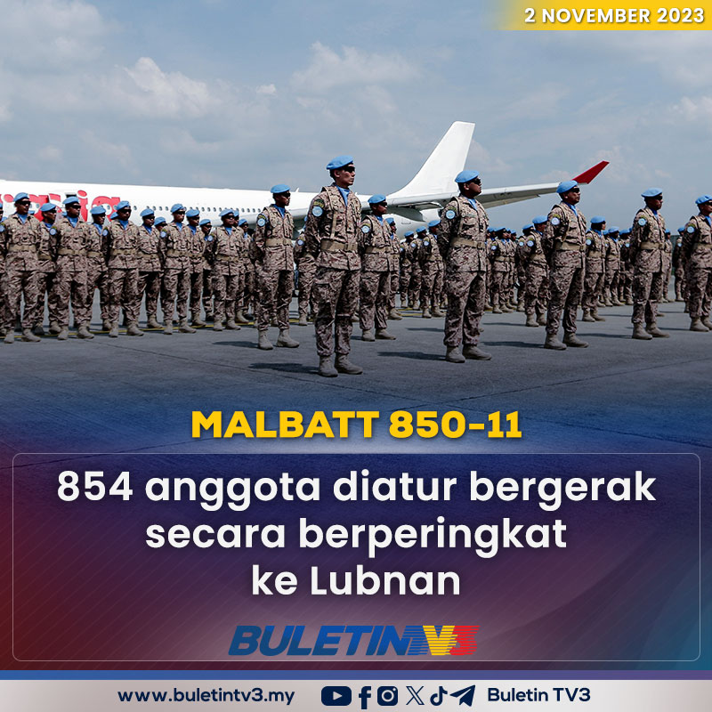 BuletinTV3's tweet photo. MALBATT 850-11 | Pasukan Mallbatt 850-11 berkekuatan 854 anggota terdiri daripada 82 pegawai dan 772 anggota lain-lain pangkat diatur gerak secara berperingkat ke Lubnan bermula hari ini. https://t.co/fQ0MufyvGo