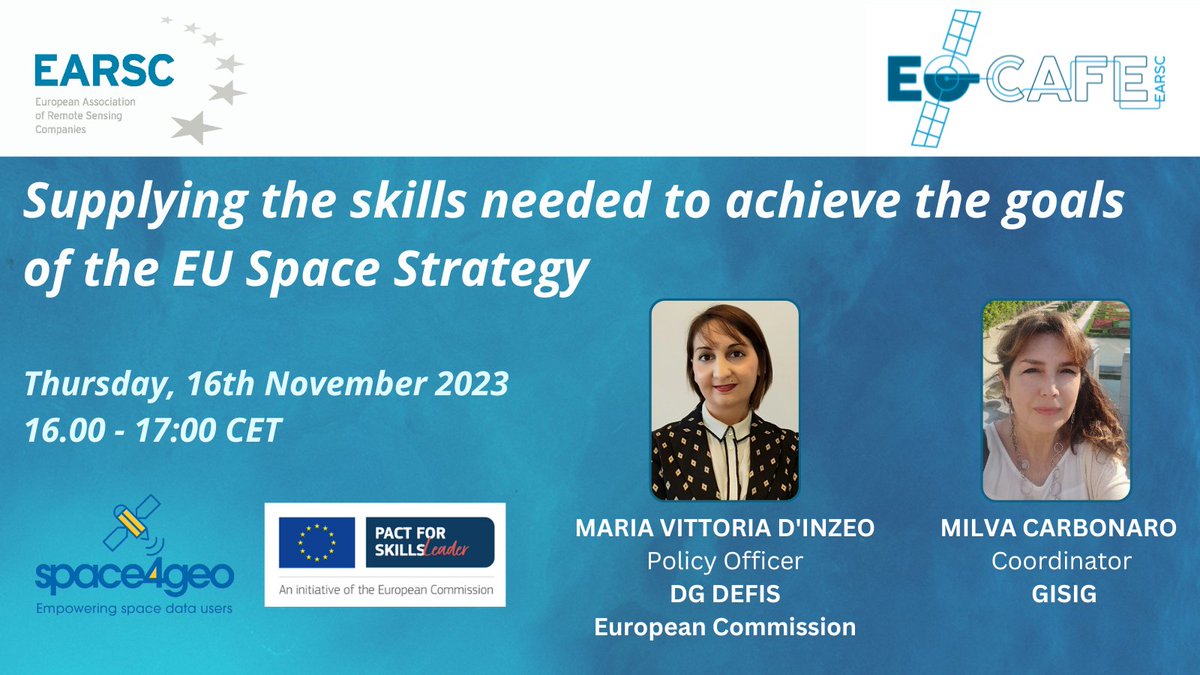 Save the date!📢

We invite you to join #EOcafe organised by @earsc on 

🗓️Nov 16 2023 
🕠16:00 - 17:00 CET

You will learn how companies can benefit from the @SPACE4GEO Large-scale Skills Partnership!

⏰Registrations are open 👉bit.ly/3FI7W3a