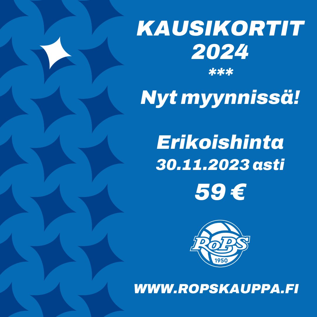 Kausarit kaudelle 2024 ovat nyt ennakkomyynnissä!

Hanki RoPS kausikortit 30.11.2023 mennessä, niin saat ne kampanjahintaan 59 €/kpl.
 
Kausikortit löydät verkkokaupastamme: ropskauppa.fi

#rops #miestenykkönen #naistenkakkonen