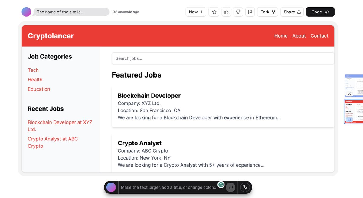 marianoobli's tweet photo. Si sos desarrollador Frontend, NO PODES no probar https://t.co/9fMloWavVV de Vercel. Es una locura. Mis primeros promts:
Prompt 1: " Make the Home for a Jobs site"
Prompt 2: "The name of the site is Cryptolancer and we use #FF1D25 as main color and white as the secondary. " https://t.co/XGP0pnPYu0