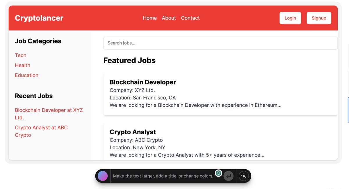 marianoobli's tweet photo. Si sos desarrollador Frontend, NO PODES no probar https://t.co/9fMloWavVV de Vercel. Es una locura. Mis primeros promts:
Prompt 1: " Make the Home for a Jobs site"
Prompt 2: "The name of the site is Cryptolancer and we use #FF1D25 as main color and white as the secondary. " https://t.co/XGP0pnPYu0