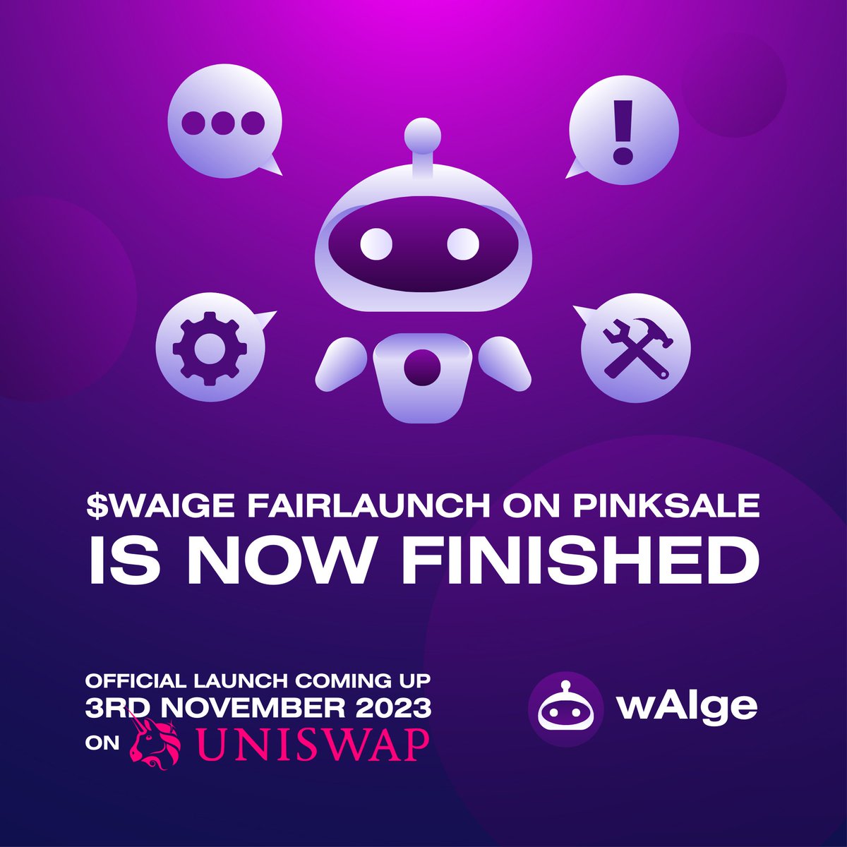 wAIge_Official's tweet photo. 🤖 The $wAIge token fairlaunch is now FINISHED

Thanks to everyone who participated

Official launch coming up tomorrow on Uniswap🚀

Stay tuned for details!

#FairLaunch #AI #Crypto #ethereum #eth #pinksale