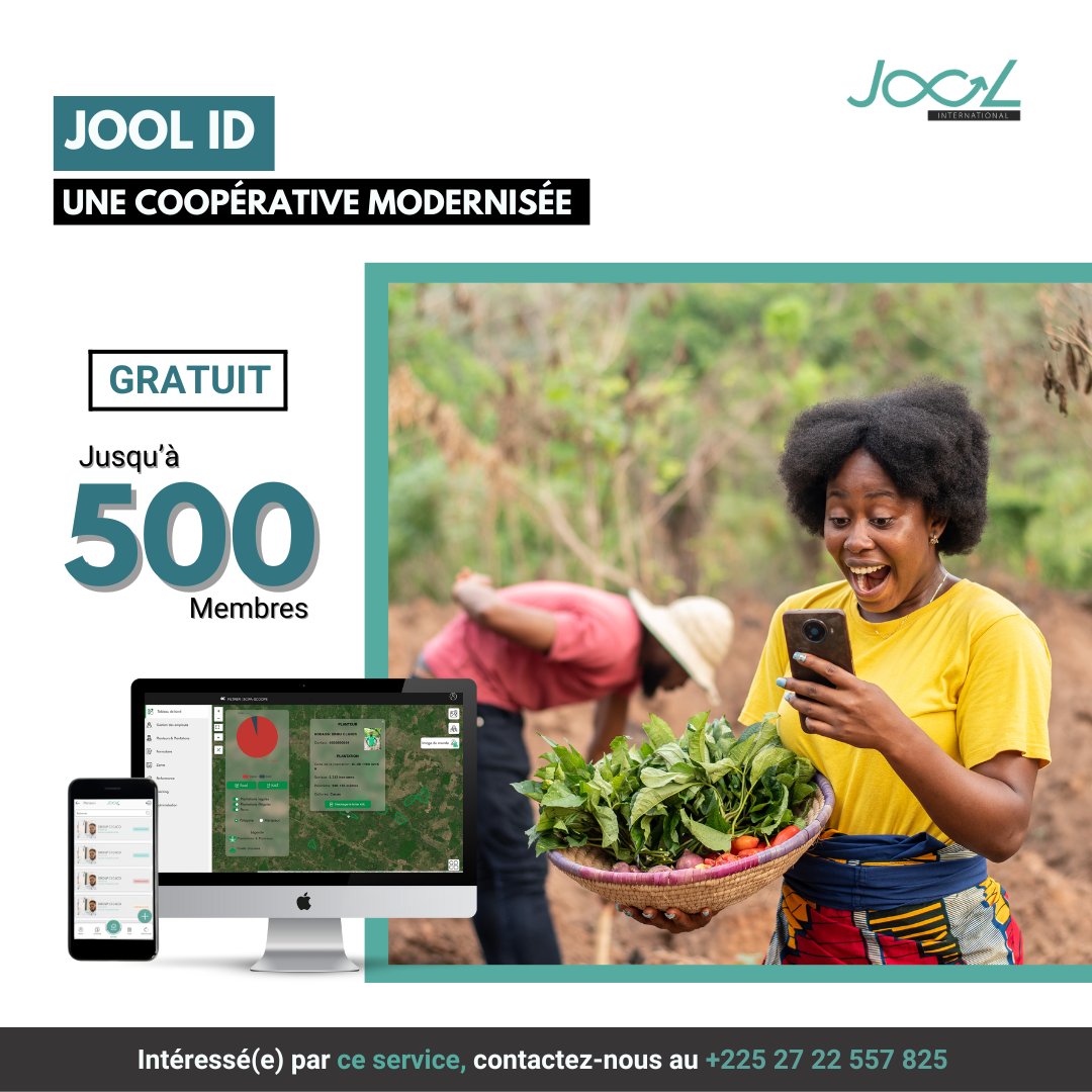 🚀 Modernisez votre coopérative avec le logiciel JooL ID !

➡️ Rendez-vous sur jool-id.com 

Nous contacter :
📲+225 27 22 557 825
📩info@jool-international

#Agriculture #AgriTech #Tech #JooL #CIV #225 #Africa #Cooperative
