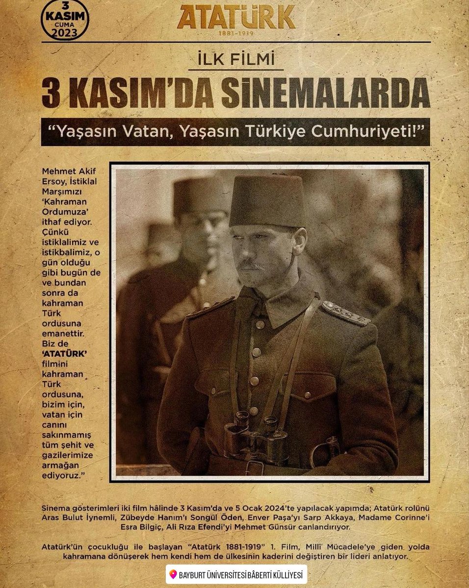 AtaSinemalari's tweet photo. #atatürk 3 Kasım’da filmin tamamı sadece sinemalarda🎞️
#Seanslar 11:15 14:15 17:15 20:15
Atatürk’ün çocukluğu ile başlayan “Atatürk 1881-1919” https://t.co/En9ZbaoJ7e, Milli Mücadele’ye giden yolda bir kahramana dönüşerek ülkesinin kaderini değiştiren büyük liderimizi anlatıyor. https://t.co/6Ymd4BEKRb