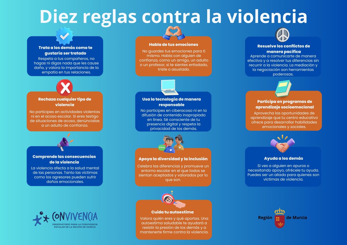 Educarm's tweet photo. El Observatorio para la convivencia escolar difunde un decálogo que recoge las principales reglas contra la violencia en las aulas. 

https://t.co/pKT7hb1yE0 https://t.co/uEN3cqECHq