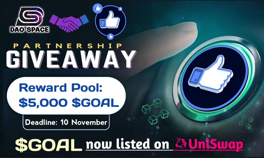 DAO Space ๎จ (@thedaospace) on Twitter photo ๐ DAO Space X GOAL Crypto #FCFS Big Giveaway
๐ค Reward: $5000 Worth $GOAL
โ
Already listed on UniSwap
To Enter โคต๏ธ
โก๏ธFollow
<a href="/TheDaoSpace/">DAO Space ๎จ</a> & <a href="/Crypto4GOAL/">GOAL Crypto ๐ฏ</a>
โก๏ธLike, RT & Tag 3 Friend
โก๏ธFinish Task: gleam.io/bE8KY/dao-spacโฆ
โฑEnd Date: 10th November
Let's go to the Moon ๐ ๐ DAO Space X GOAL Crypto #FCFS Big Giveaway
๐ค Reward: $5000 Worth $GOAL
โ
Already listed on UniSwap
To Enter โคต๏ธ
โก๏ธFollow
<a href="/TheDaoSpace/">DAO Space ๎จ</a> & <a href="/Crypto4GOAL/">GOAL Crypto ๐ฏ</a>
โก๏ธLike, RT & Tag 3 Friend
โก๏ธFinish Task: gleam.io/bE8KY/dao-spacโฆ
โฑEnd Date: 10th November
Let's go to the Moon ๐