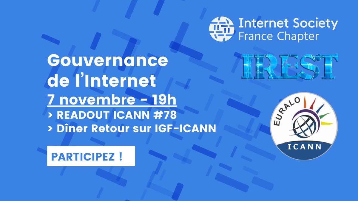 nicochagny's tweet photo. Deux rendez-vous ร ne pas manquer le 7 novembre
๐ A 19h, READOUT de l'#ICANN78 animรฉ par @sebbach
๐ A 21h, Dรฎner @isoc_france - #IREST : #Gouvernance de l'Internet. Retour sur l'IGF de Kyoto et l'ICANN de Hambourg
Infos & Inscriptions : https://t.co/2lYOzMJEaF https://t.co/24ElxNn2bN