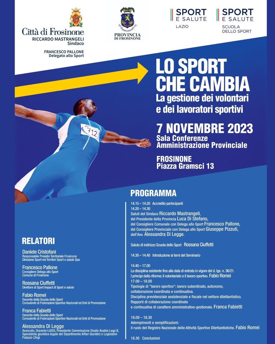 𝐌𝐚𝐫𝐭𝐞𝐝𝐢̀ 𝟕 𝐧𝐨𝐯𝐞𝐦𝐛𝐫𝐞 𝐢𝐥 𝐜𝐨𝐧𝐯𝐞𝐠𝐧𝐨 𝐢𝐧 𝐏𝐫𝐨𝐯𝐢𝐧𝐜𝐢𝐚 𝐬𝐮𝐥𝐥𝐨 𝐬𝐩𝐨𝐫𝐭 𝐜𝐡𝐞 𝐜𝐚𝐦𝐛𝐢𝐚.

In allegato il link per aderire al seminario: forms.office.com/Pages/Response…

#riccardomastrangelisindaco #frosinone #sport #lafrosinonedelfare