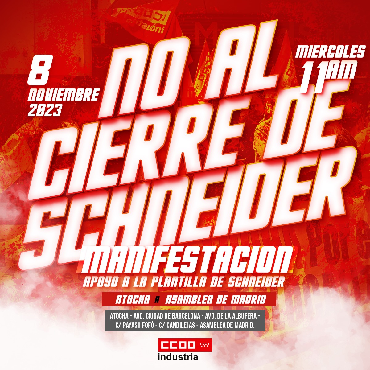 🗓️ 8 de noviembre
🕙 11:00h
📍 Atocha

🚶🚶🏼‍♀️🚶🏼‍♂️Manifestación rechazando el cierre de Schneider en #Griñon ante la pasividad de la dirección de la empresa para abordar un plan industrial que garantice el futuro de la planta. 

#NoAlCierreDeSchneider

<a href="/CCOOMadrid/">CCOO de Madrid</a> <a href="/Industria_CCOO/">CCOO de Industria #PactoIndustriaYA</a>