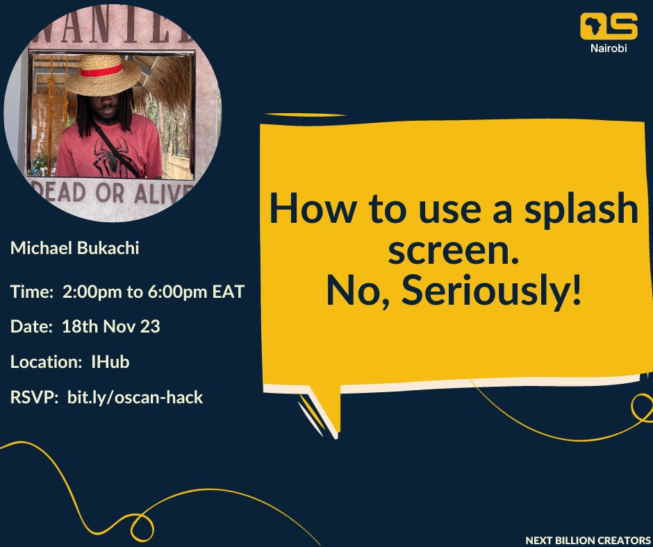 osca_nairobi's tweet photo. π¨ Speaker Line-up Alert π¨
We are excited to announce @michaelbukachi as a speaker at our Beyond Hacktober Fest meet-up π₯
π¨βπ» He will be sharing on How to use a Splash Screen.
#AndroidDevs you don't wanna miss this οΏ½οΏ½οΏ½ https://t.co/4pupgv9XcK
#OpenSource #BeyondHacktoberfest https://t.co/Su6s8zKNzl