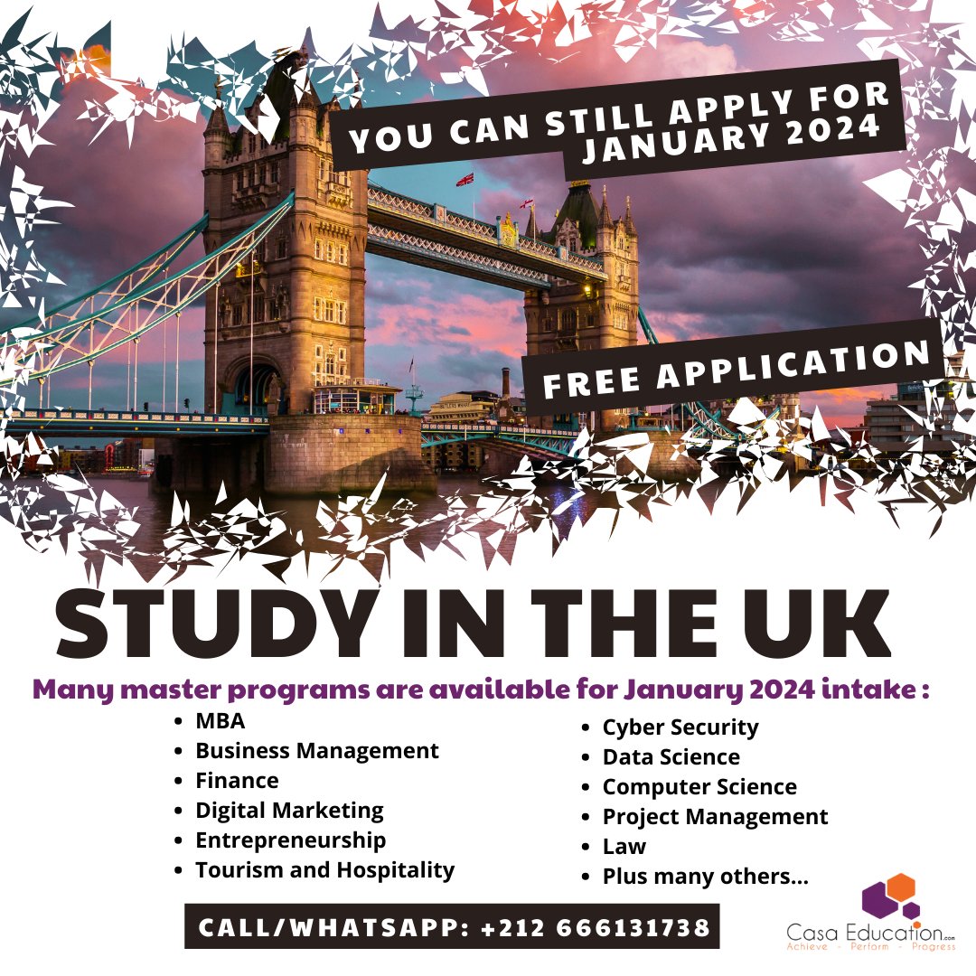 Apply for January 2024 intake !
Contact <a href="/CasaEducation/">Casa Education</a> 

#StudyAbroad #StudyinUK #casaEducation #Bac2023 #bac2024 #Bachelor #Master #Scholarship #London #Westminster #Sunderland #WeAreSun #ARU #Birmingham #UoB #Morocco #Maroc  📲 +212666131738