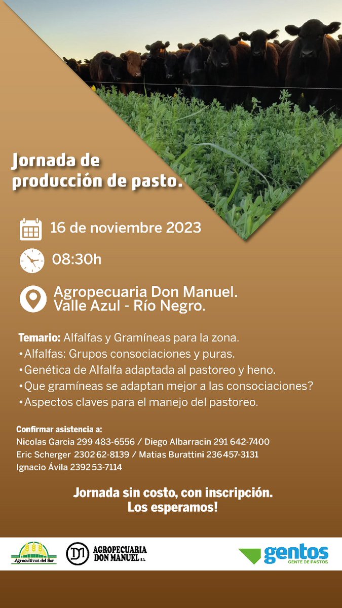 El jueves 16 nos vamos a Patagonia Norte, en Valle Azul Río Negro junto a <a href="/agropdonmanuel/">Agropecuaria Don Manuel S.A</a> y Agrocultivos del Sur armamos una jornada para contarte del potencial de Alfalfas y Gramíneas en la zona. <a href="/GentosArg/">Gentos Argentina</a>
Link de inscripción a jornada: forms.gle/9VUqoPuR37nAfs…
